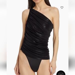 NWT Norma Kamali Black Lamé "Diana Mio" One Shoulder Swimsuit Sz.S Ret.$185